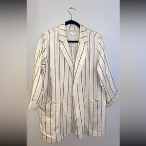 J. Jill Linen Cotton Duster Blazer Jacket Open Front Roll Tab Sleeve Wavy Stripe